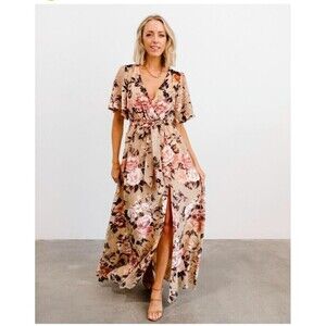 Baltic Born Uma‎ Velvet Maxi Dress Beige Small Floral Shimmer NO BELT
